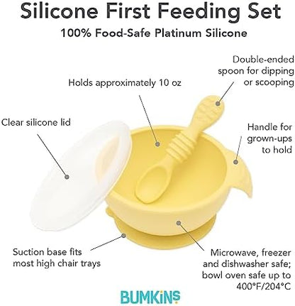 Bumkins Baby Bowl, Silicone Feeding Set with Suction for Baby and Toddler, Includes Spoon and Lid, First Feeding Set, Training Essentials for Baby Led Weaning for Babies 4 Months Up, Pineapple