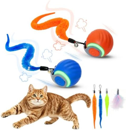 Interactive Cat Toy Ball - Automatic Moving Cat Ball for Indoor Cats with 3 Tails, Rechargeable Silent Kitten Toy for Boredom & Exercise, Rolling Ball Toy with 2 Modes & 2 Speeds.