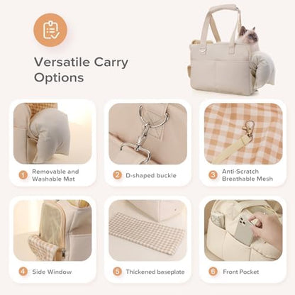 JourCraf Dog Purse Carrier for Small Dogs & Puppies Up 10 Lbs, Soft Cotton Tote Pet Shoulder Bag with Pockets, Foldable & Washable Breathable Puppy Carrier for Yorkie, Chihuahua & Cats - Beige