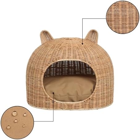 CBD1000B Cat Ear 20" x 14.5" Handwoven Water Hyacinth Pet Bed, Wicker Cat Hideaway Dome with Machine-Washable Cushion, Coastal Woven Pet House for Cats and Small Dogs, Light Brown