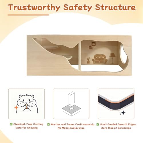 Hamster Hideout & Tunnel Set, 2Pcs Wooden House with Climbing Ladder, Exploration Tubes & Observation Shed for Syrian Hamsters, Dwarf Hamsters, Mice, Gerbils, Rats, and Other Small Animals