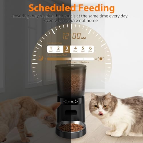 Automatic Cat Feeder, Cat Food Dispenser with Stainless Steel Bowl, Timed Portion Control 20 Portions 6 Meals Per Day, Voice Recorder, Dual Power Supply for Small Dogs