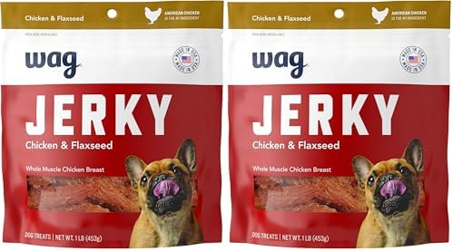 Amazon Brand – Wag Chewy Whole Muscle American Jerky Dog Treats – Chicken & Flaxseed (1 lb), Grain Free (Pack of 2)