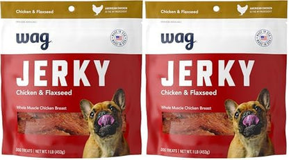 Amazon Brand – Wag Chewy Whole Muscle American Jerky Dog Treats – Chicken & Flaxseed (1 lb), Grain Free (Pack of 2)
