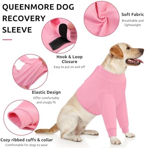 Queenmore Dog Surgery Recovery Sleeve for Front Leg, Breathable Dog Recovery Sleeves After Surgery, Cozy Long Sleeve Dogs Shirt, Alternative to Cone of Shame, Pink, XL
