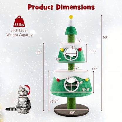 PETSITE 60 inch Cat Christmas Tree, Cute Cat Tower with 2 Condos, Sisal Scratching Posts, Spring Toy, Removable Beds, Modern Holiday Cat Tree Tower for Indoor Cats