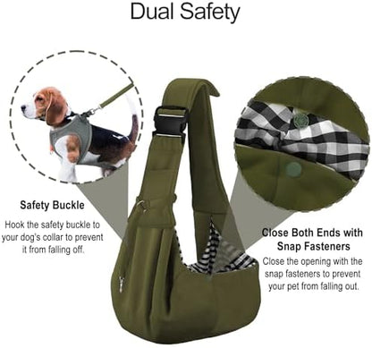 PETLOFT Reversible Dog Cat Sling Carrier, Small Dog Carrier, Adjustable Dog Sling, Hands Free Cross Body Carrier with Collar Hook for Dog/Cat/Bunny up to 11lb (Army Green)