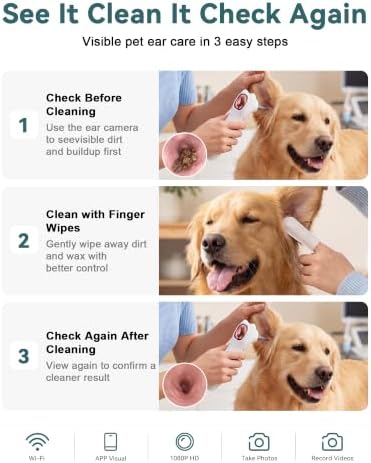 Pet Ear Camera Cleaning Kit with Screen, Dog & Cat Ear Cleaner with 50 Finger Wipes, Gentle Soft Otic Ear Cleaning Pads, Helps Clean Dirt, Wax & Odor-Causing Buildup, Non-Irritating, White