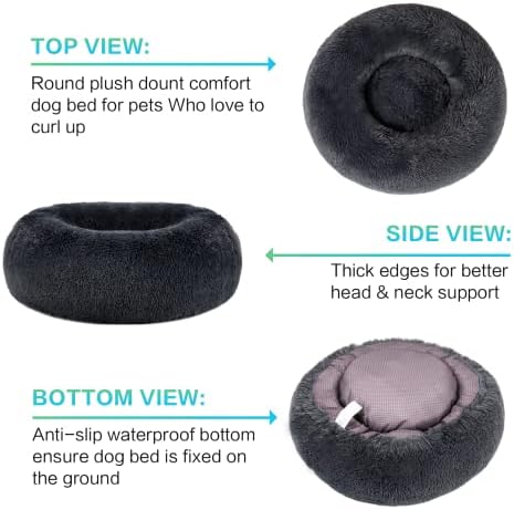 SAVFOX 36 inches Calming Donut Dog Bed - 3X Durable Plush Faux Fur, Machine Washable & Non-Slip, Fits up to 100 lbs, Dark Grey