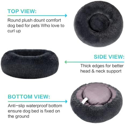 SAVFOX 36 inches Calming Donut Dog Bed - 3X Durable Plush Faux Fur, Machine Washable & Non-Slip, Fits up to 100 lbs, Dark Grey