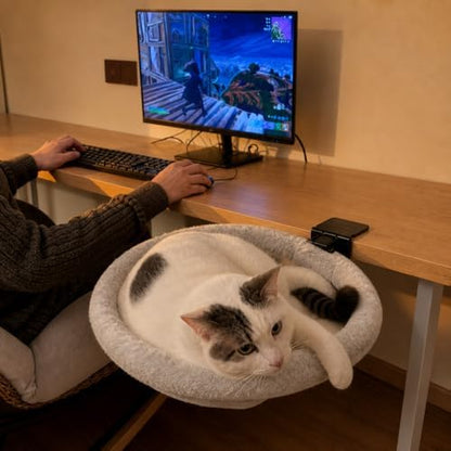 Cat Desk Bed, Foldable Desk Mounted Cat Bed for Large Cats, Heavy Duty Support Up to 50lbs, Desk Cat Perch with Extra Wide Clamp & Double Anti-Slip Pads, Attachment for Home Office