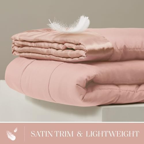 Madison Park Down Alternative Twin Size Blanket for Bed, Satin Trim, Blush