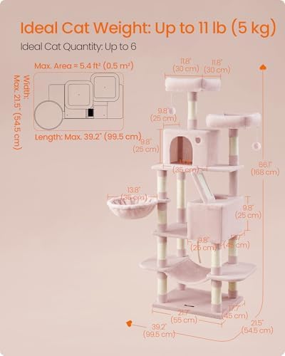 Feandrea Cat Tree, 66.1-Inch Large Cat Tower, Multi-Level Condo, Jelly Pink