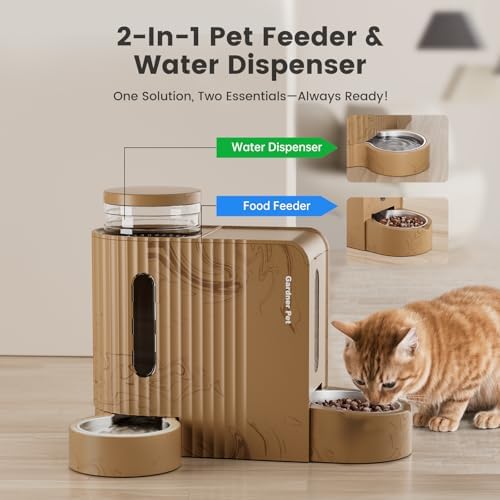 Gardner Pet Gravity Automatic 2-in-1 Pet Feeder, 0.8 Gallons*2 Cat Feeder and Water Dispenser Set, 100% BPA-Free and Stainless Steel Water Bowl for Dogs, Cats, Rabbits, Puppies (Light Woodgrain)