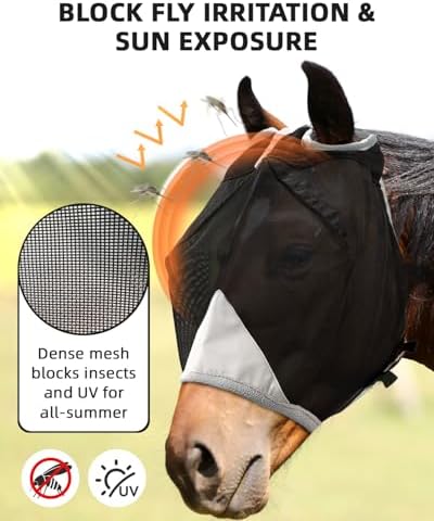 Hilltown Durable Fly Mask for Horses Without Ears - Pony, Grey
