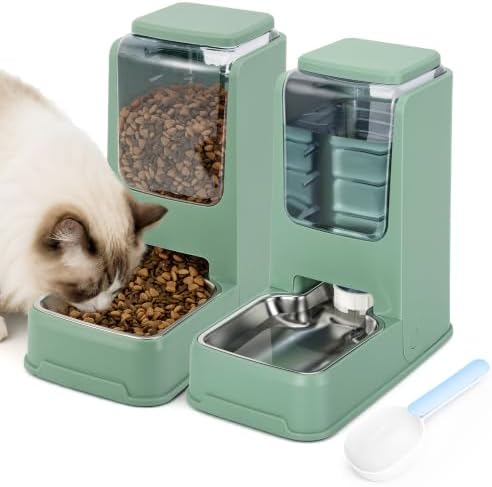2 Pack Automatic Cat Feeder Stainless Steel Gravity Food and Water Dispenser for Small Medium Kitten Puppy Pets (Green)