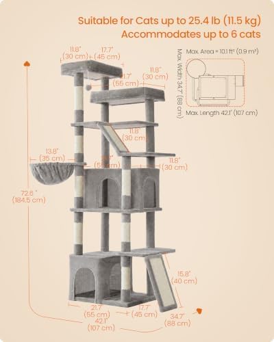 Feandrea 72.6-Inch Tall Cat Tree Tower for Indoor Extra Large Cats, Scratching Posts, Scratching Boards, Multi-Level Design, Dove Gray UPCT014G101S