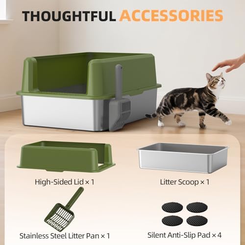 Stainless Steel Cat Litter Box, XXL High Sided Open Top Litter Pan, 1 Scoop