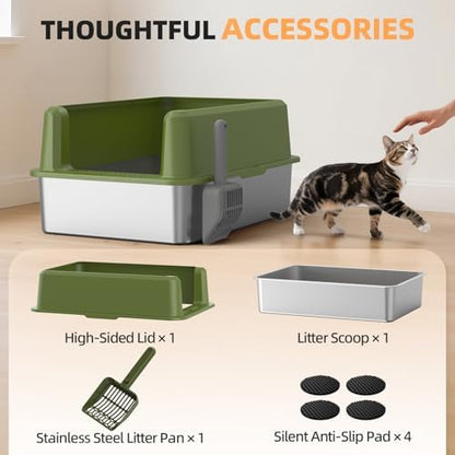 Stainless Steel Cat Litter Box, XXL High Sided Open Top Litter Pan, 1 Scoop