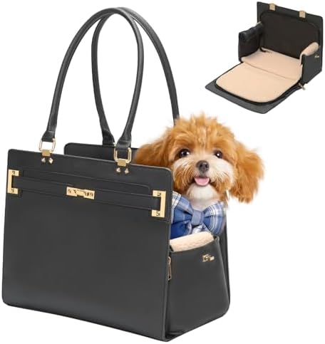 2-in-1 Stylish Dog Purse Carrier Soft-Sided Carriers Travel Tote Bag for Small Dogs Cats, Fashion Foldable Pet Bag for Puppies Small Animals with Pockets (Black, 15" L x 7.5" W x 12.2" H)