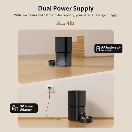 Automatic Cat Feeder, 5G WiFi APP Control Automatic Pet Feeder, 5L Cat Dry Food Dispenser with Remote Feeding,10 Meals Programmable 1-15 Portion Control Auto Dog Feeders for Cats,Puppy