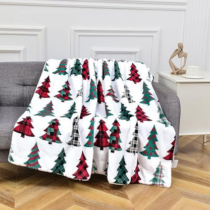 Elegant Comfort Reversible and Ultra-Plush Flannel Fleece-Winter Christmas Sherpa Throw- Lightweight Soft and Cozy-Holiday Decorative Throw, Perfect for Lounging, 50 x 60 inches, Plaid Christmas Tree