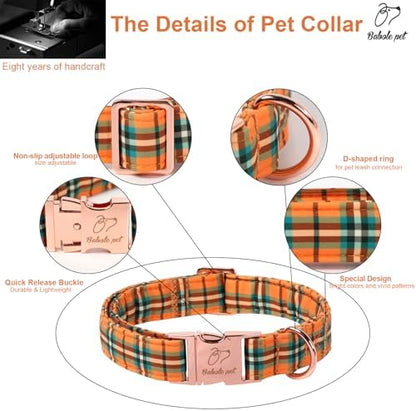 Fall Dog Collar for Large Dogs - Vintage Orange Green Plaid Tanksgiving Puppy Collar, Adjustable Heavy Duty Halloween Festivel Dog Collars with Metal Buckle XL