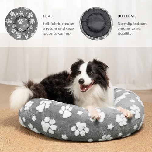Donut Dog Beds for Medium Dogs, Calming Round Cat Beds, Grey, 30"