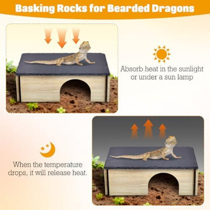 PINVNBY Large Bearded Dragon Basking Platform, Wooden Snake Hide, Ball Pythons Hide with Slate Rock, Leopard Gecko Tank Accessories for Geckos, Crested Gecko Chameleon Turtles (L: 11.8x7.87 inches)