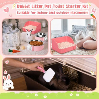 Reallnaive 15 Pcs Rabbit Starter Kit Small Rabbit Litter Box Girls Gift Animal Grooming Kit Bunny Toys Bowl Blankets with Cleaning Set for Guinea Pig Accessories (Bright Pink‌)