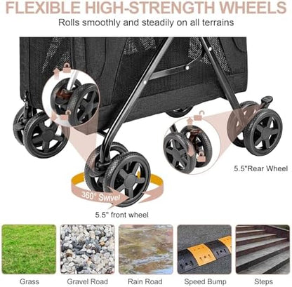 Double Cat Stroller for 2 Cats or Dogs, Detachable Carriers, Black