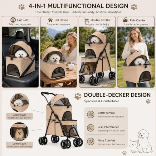 YYW Double Pet Stroller Foldable 2 Carriages Lockable Wheels Khaki