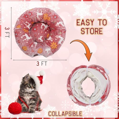 Cat Tunnel Christmas Tree Skirt 3 ft x 3 ft x 10 Inch Cat Bed Donut Cave Indoor Fluffy Circular with Mat and Ball Playground Toys for Festive Kitten Puppy Ferret Rabbit(Red,Elk)