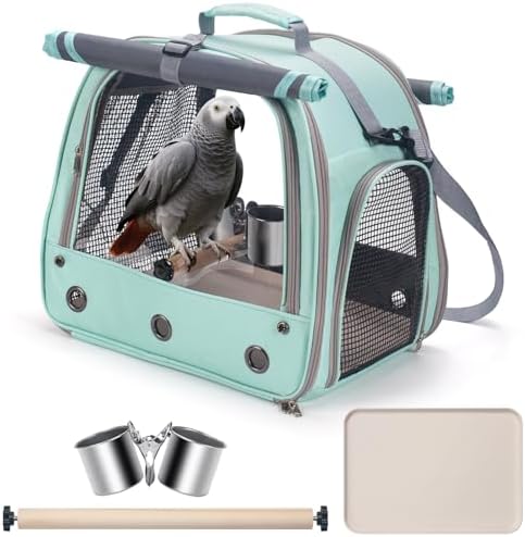 Bird Carrier Parrot Travel Cage with Perch, Food Bowl, Tray and Breathable Clear Window, Bird Travel Bag for African Gray Cockatiel Caique Conure Quaker, for Vetting Camping Hiking (Blue)