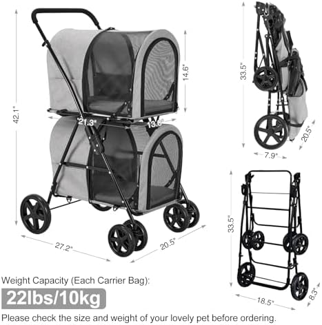Double Pet Stroller for 2 Cats or 2 Dogs with Detachable Carriers
