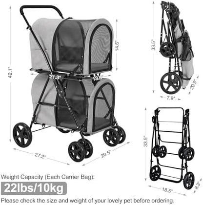 Double Pet Stroller for 2 Cats or 2 Dogs with Detachable Carriers