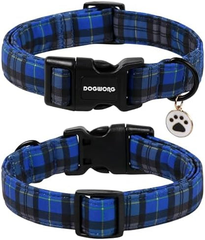 DOGWONG Blue Plaid Dog Collar, Blue Checkered Dog Collar with Mental Buckle Pet Necklace for Small Medium Large Dogs