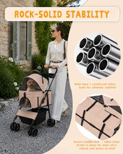 Pet Stroller, 3 in1 Foldable Dog Cat Stroller with Detachable Carrier-Khaki