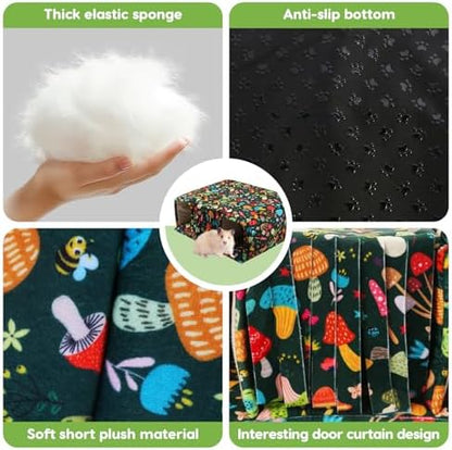 Guinea Pig Hideout with Tunnels, Toys & Cozy House - Soft Large Bed for Small Pets - Blackish Green Mushroom