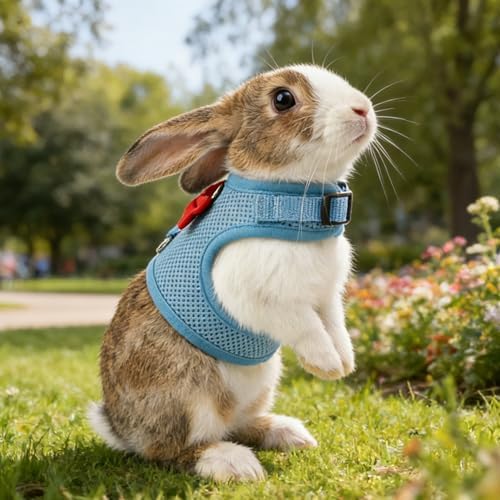 AIITLE Breathable Rabbit Harness and Leash Set with Cute Bow, Blue M