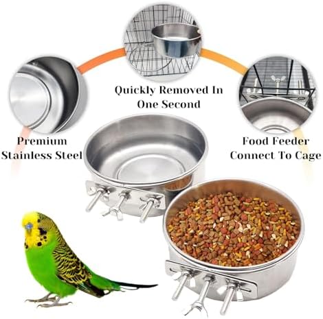 PINVNBY 2pcs Stainless Steel Bird Bowl Water Bowl Stainless Steel Bird Feeding Dish Cups for Parrot Parakeet African Greys Conure Cockatiels Lovebird (Diameter: 4.72 inches M)