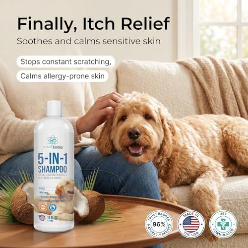 16 floz 5 in 1 Dog Shampoo for Itchy Skin - Sensitive Skin Dog Shampoo for Smelly Dogs - Dog Shampoos & Conditioners - Made in The USA