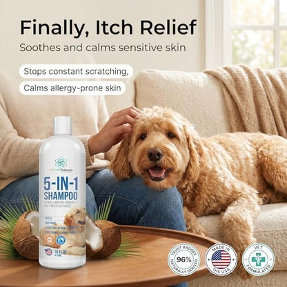 16 floz 5 in 1 Dog Shampoo for Itchy Skin - Sensitive Skin Dog Shampoo for Smelly Dogs - Dog Shampoos & Conditioners - Made in The USA
