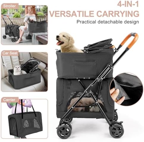 Double Cat Stroller for 2 Cats or Dogs, Detachable Carriers, Black