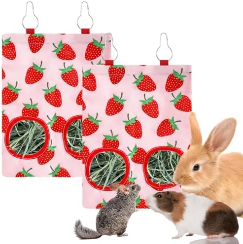 JarThenaAMCS 2Pcs Rabbit Hay Feeder Bag with 2 Holes Pink Strawberry Guinea Pig Hanging Hay Feeding Bag Storage Dispenser for Chinchilla Hamster Bunny Small Animal Pet