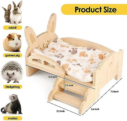 Wooden Guinea Pig Bed with Mat 13.5IN X 9.3IN Detachable Hideout with Stairs Small Animal Cute Warm Habitats for Hamsters Ferret Bunny Sleeping Hiding