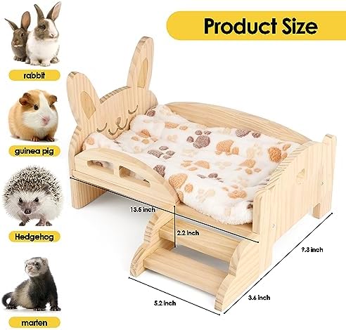 Wooden Guinea Pig Bed with Mat 13.5IN X 9.3IN Detachable Hideout with Stairs Small Animal Cute Warm Habitats for Hamsters Ferret Bunny Sleeping Hiding