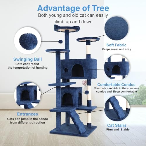FDW | 54" Cat Tree Tower | Navy Blue | Multi-Level Indoor Activity Center