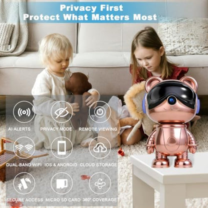 3K Indoor Security Camera Robot, Rose Gold Bear Baby Monitor and Pet Camera