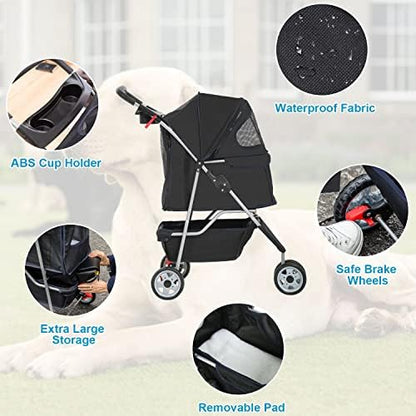 BestPet | 3-Wheel Foldable Pet Stroller | Black | Lightweight & Portable